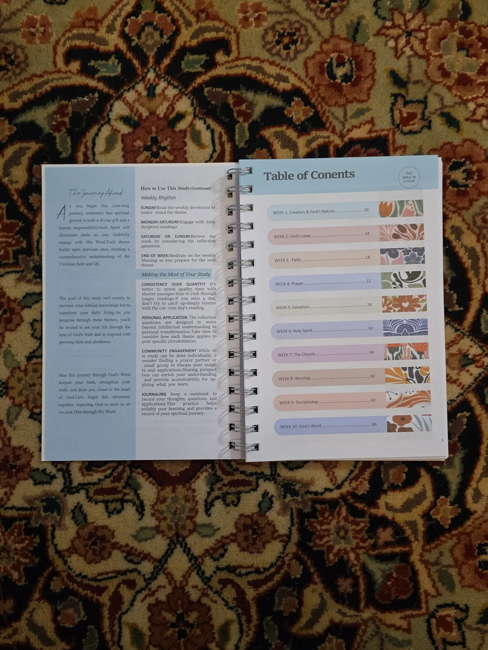 The Bible In A Year Spiral Journal - Floral Pink & Teal - Picture 4 of 4